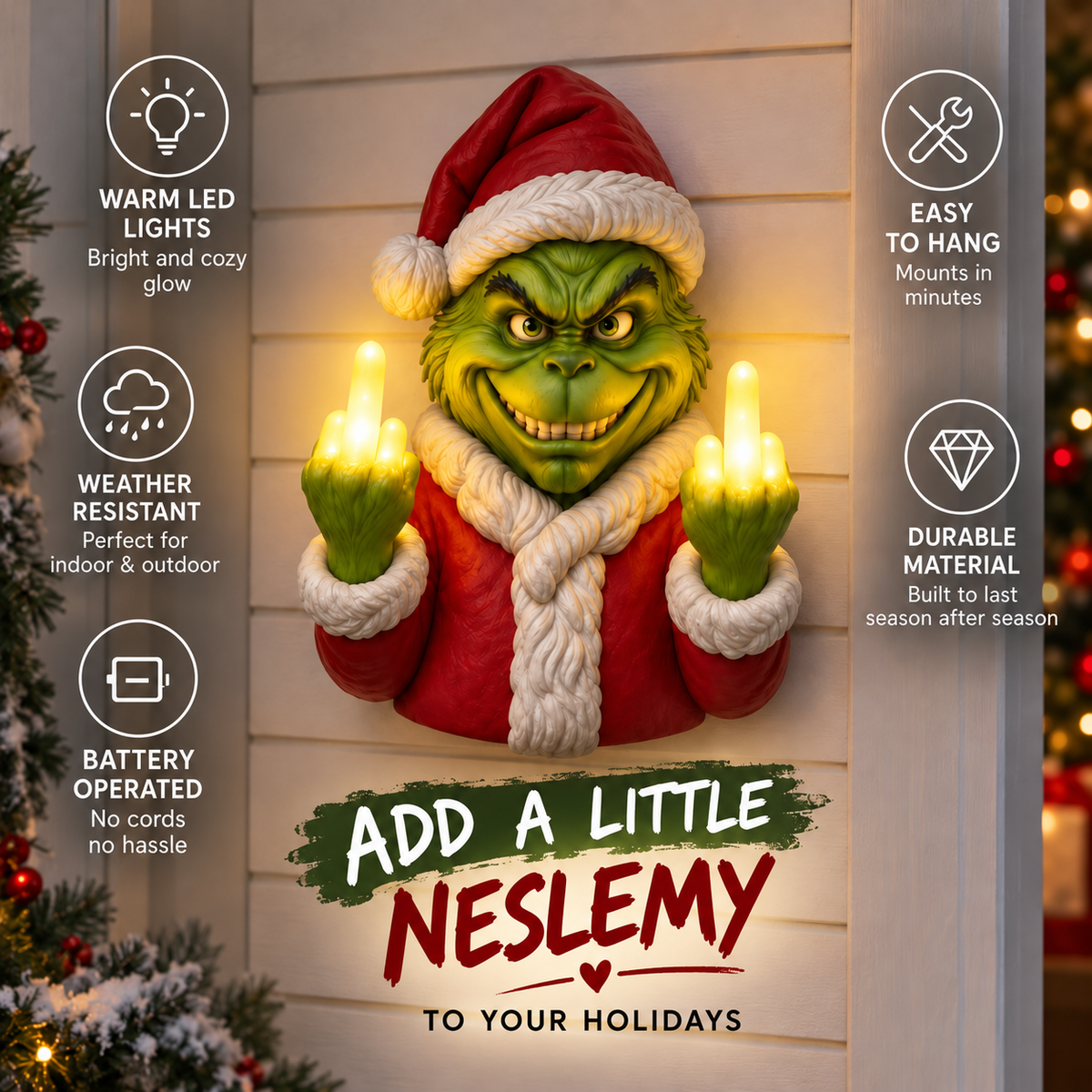 🎄Green Menace Holiday Glow | Cheeky Green Trickster LED Wall Decor | Funny Irreverent Christmas Novelty Light for Indoor & Outdoor